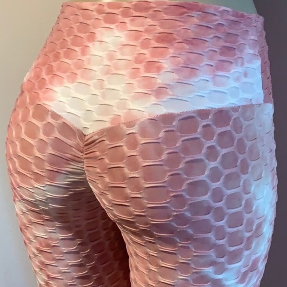 Hot Kiss Pink White Tie Dye Marble Scrunch Bubble Butt Booty Yoga Pants NWT